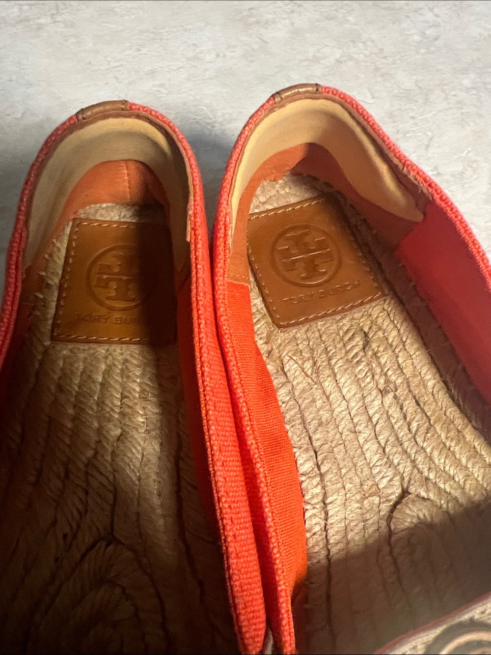 Tory Burch Orange Canvas Espadrilles with Tan Trim & Logo Medallion - Picture 3 of 7